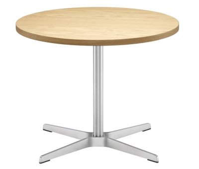 1809 Thonet Beistelltisch mit runder, heller Holzplatte und silberfarbenem Metallfuß. Moderner Tisch für Wohnzimmer.